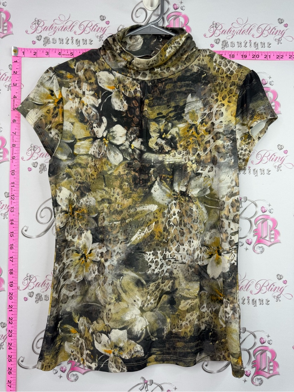 Melanie Lynn T-shirt Animal-Print Short Sleeve Cowl Neck Top - Olive & Black - Picture 1 of 9